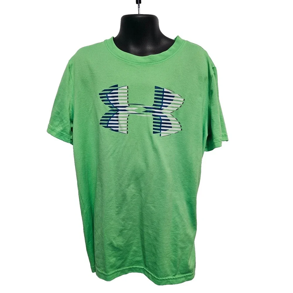 Under Armour neon bright green‎ with white blue gray logo t shirt Youth Medium